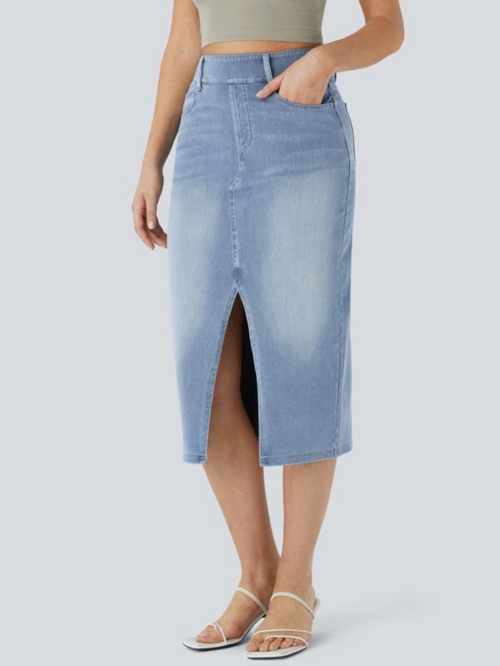 Halara Flex High Waisted Pockets Bodycon Washed Denim Casual Midi Skirt NWOT - Picture 5 of 6